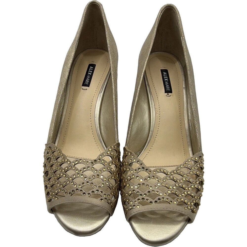 Alex Marie Gold Studded Open Toe Wedge Heels Women’s US 8 EU 39 UK 6